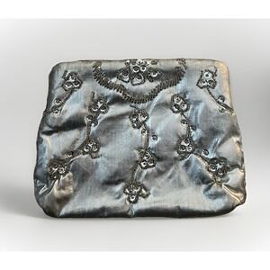 Vintage 1960s Bon Soir Beaded Evening Clutch Purse Silver Made in Japan
